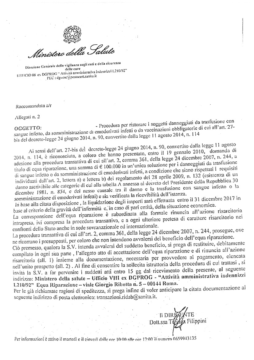 Nota del Ministero della Salute per equa riparazione